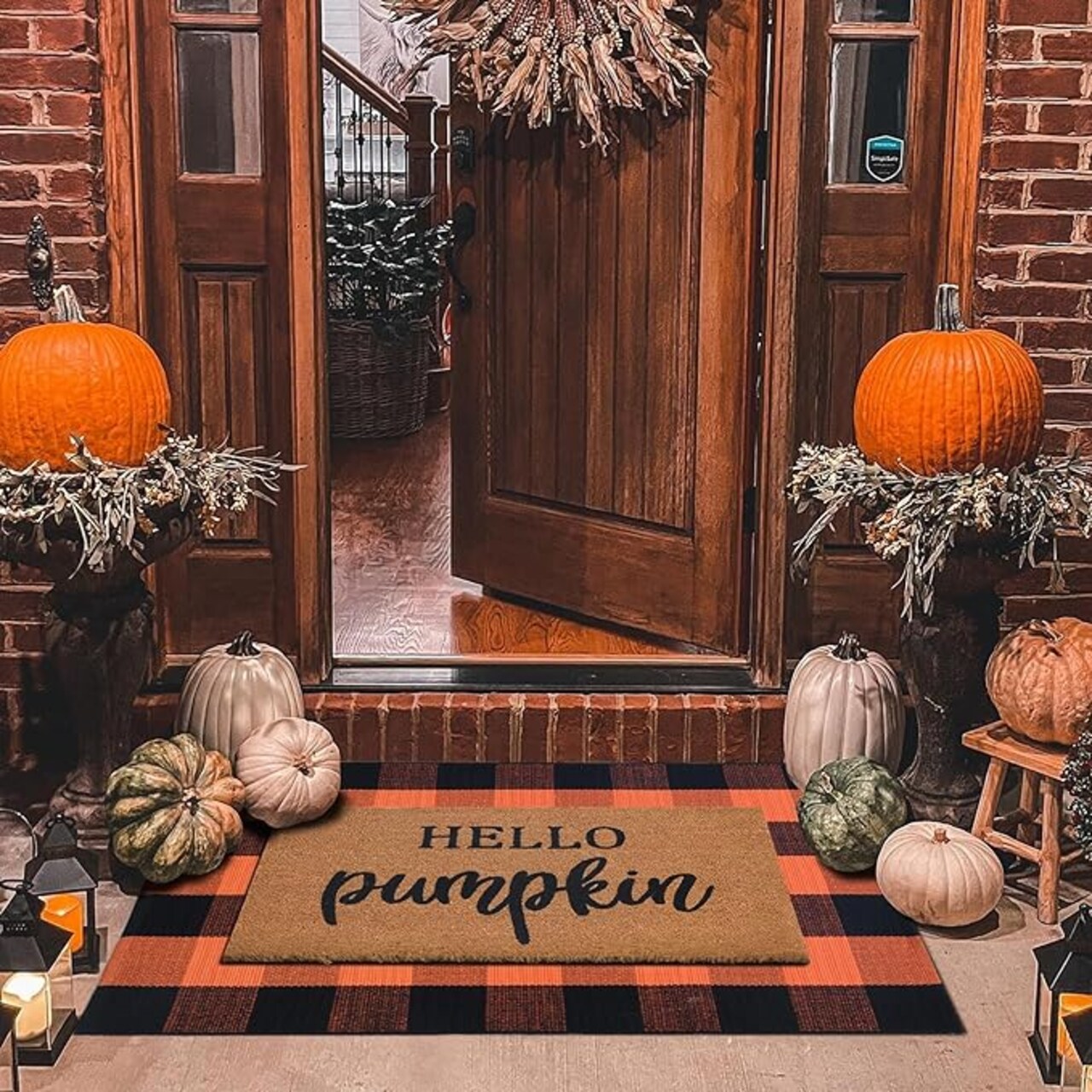 Fall Decor Doormat Combo Set, 100% Coco Coir Welcome Mat + 28 x 43" Orange and Black Plaid Rug - Fall Thanksgiving Front Porch Entryway Decor Floor Mat, Indoor Outdoors Autumn Mats Hello, Pumpkin.